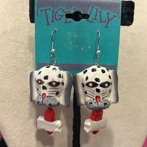 Vintage Tiger Lily Hand Painted Wood Dalmatian Dog/Bobe Earrings-boutique